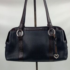 Vintage Brighton Black and Brown leather shoulder bag Silver Heart charms Pocket